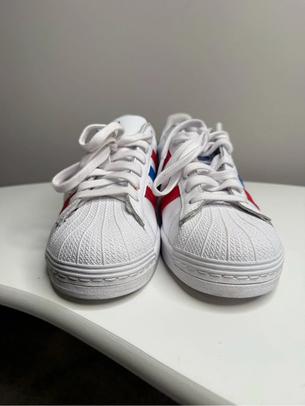 adidas Superstar White with Red & Blue Stripes